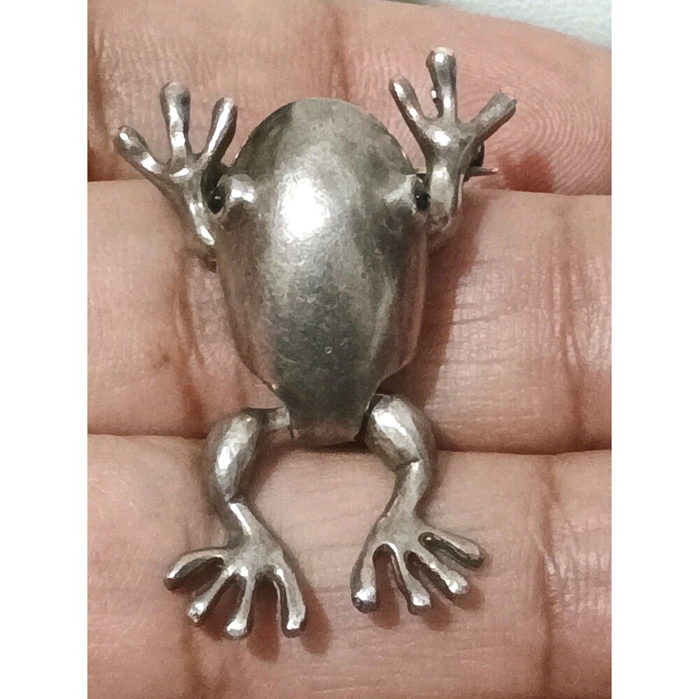 Articulated Frog Sterling Silver 925 Onyx Eyes Vintage Brooch